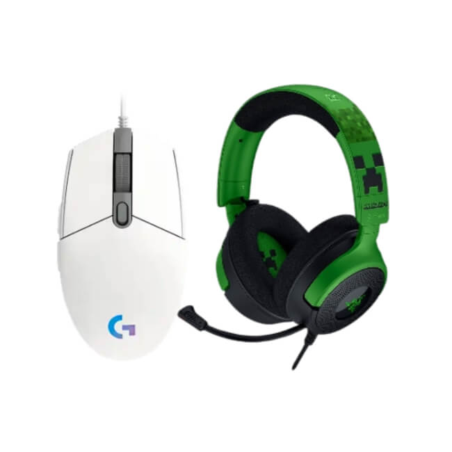 Combo de Headset Gaming Razer RZ04-05180200-R3M1 Kraken V4 X Wired Color Verde Minecraft con Mouse Gaming Logitech G203 910-005791 Lightsync 8000 DPI Color Blanco