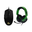 Combo de Headset Gaming Razer RZ04- 05180200- R3M1 Kraken V4 X Wired Color Verde Minecraft con Mouse Gaming Logitech G203 910-005790 Lightsync Color Negro